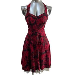 Hot Topic Floral Halter Fit & Flare Tulle Dress Women's Size Small Red Black